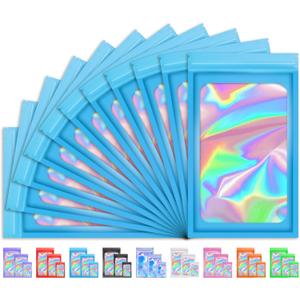 100 PCS Mylar Holographic Bags, Smell Proof Bags, Clear Resealable Bags, Valentines Day Decorations Gift Baggies for Bracelet, Lipgloss, Eyelash, Jewelry Packaging | Blue, 2.4x3.9 Inch