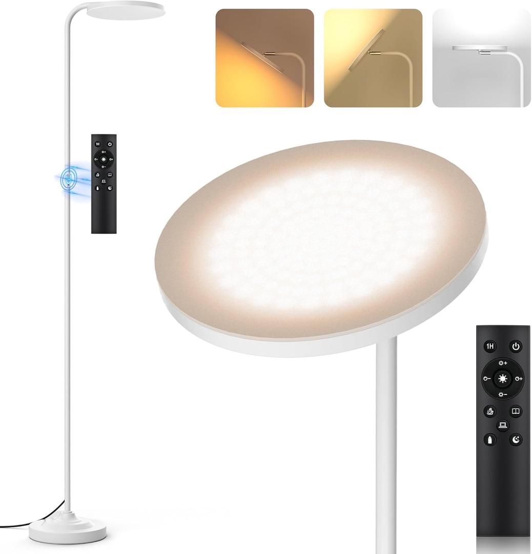 SIBRILLE 36W LED Floor Lamp, Super Bright Standing Lamp, Modern Stepless Dimmable Torchiere Tall Lamp with Remote Control, 350Rotating Head Reading Floor Lamp for Living Room, Bedroom, Office - White
