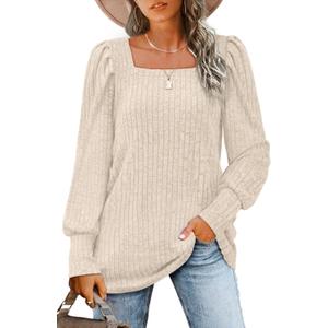 WIHOLL Long Sleeve Shirts for Women Trendy Casual Square Neck Tops Lightweight Sweaters (Large, 02-cream)