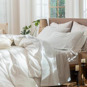 MooMee Striped Sheet Set 100% Washed Cotton Linen Like Textured Breathable Durable Soft Comfy (White Heathered Green Wide Stripes, Queen)