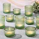 20pcs Ribbed Green Votive Candle Holders, Assorted Tea Light Candle Holder Glass for Wedding Table Decor, Green Candle Holders for Table Centerpieces, Brithday and Tea Party Decorations