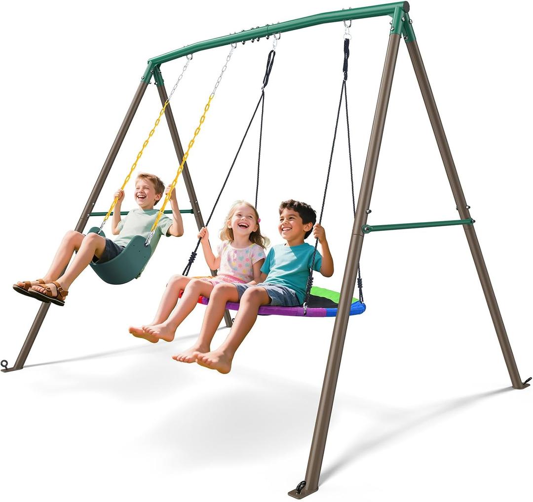 Trekassy 440lbs Swing Sets for Backyard - 2 Seat Outdoor Kids Playset with Saucer & Belt Swing, Heavy-Duty A-Frame Metal Stand for Backyard Playground - Green and Brown (Patented)