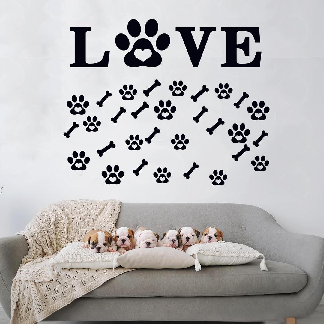 Cat Quotes Wall Decals for Bedroom: Inspirational Love Dog Puppy Paw Print Vinyl Art Wall Stickers for Living Room Bathroom Kitchen Apartment - Love Footprints 28.6" X 15"