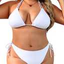 Daci Women Plus Size Triangle Bikini Sets Two Piece Double Straps Halter Swimsuit Side Tie String Sexy Bathing Suits (White), 18 Plus