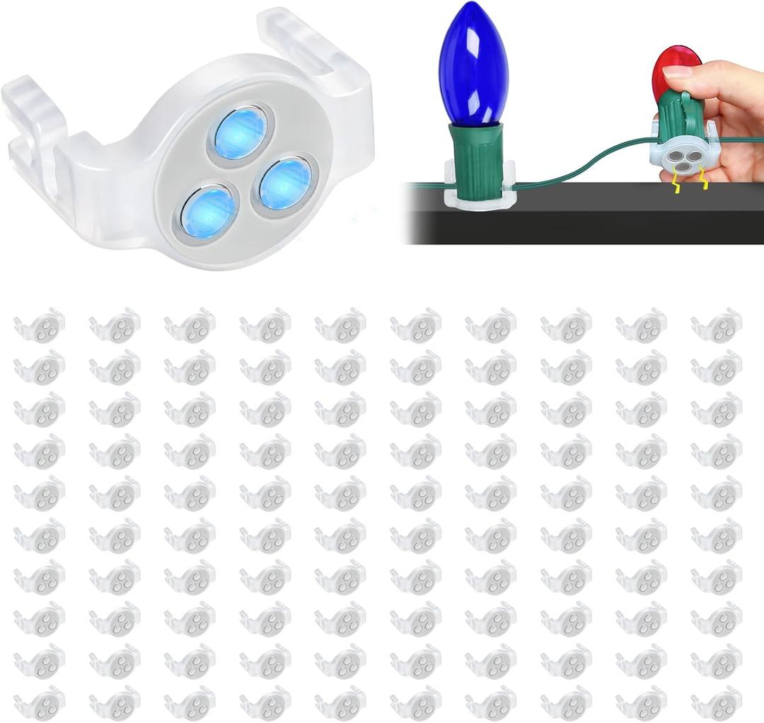 100 Pack Magnetic Christmas Light Clips, Upgraded Anti-Slip Metal Roof Christmas Light Hooks for C9 C7 Sockets, Weather-Resistant String Lighting Clips for Outside Gutters Patio Holiday (White)
