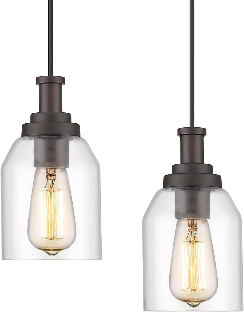 Zeyu 2 Pack Farmhouse Pendant Light Fixtures, Industrial Hanging Light for Kitchen Island, Clear Glass Shade, Oil Rubbed Bronze Finish, ZG33M1L-2 ORB (4.7 Inch | 2 Pack)
