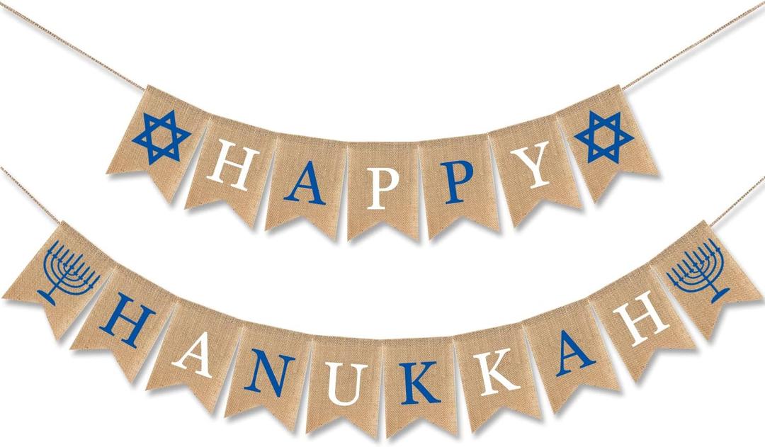 CAVLA Happy Hanukkah Burlap Banner Jute Hanukkah Banner Garland with Star of David and Menorah Signs Chanukah Festival Party Decorations for Hanukkah Holiday Mantel Fireplace Party Supplies