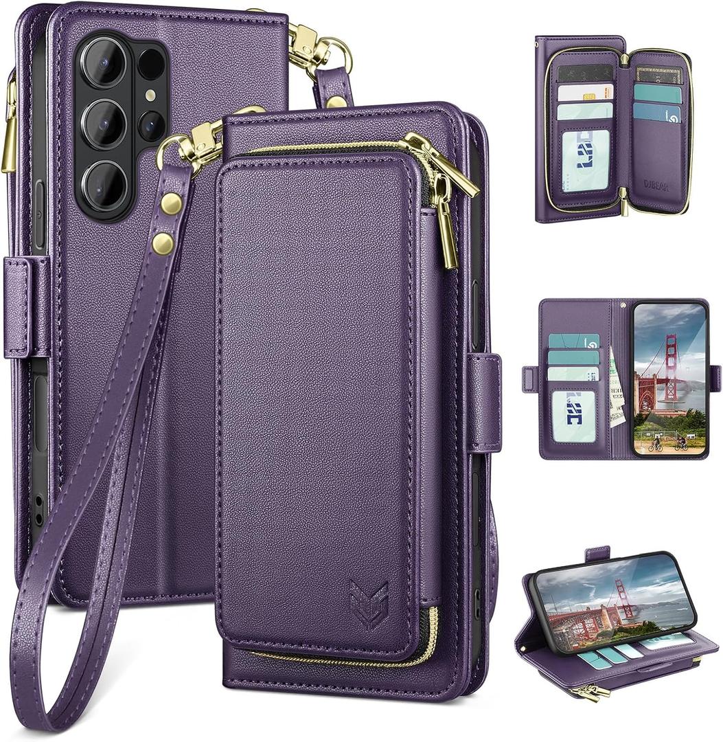 DJBEAR for Samsung Galaxy S26 Ultra Wallet Case for Men & Women, All-in-One Flip Folio Cover with 9 Card Slots, Zipper Pocket, Detachable Wrist Strap, Full Body Protection for S26 Ultra Dark Purple