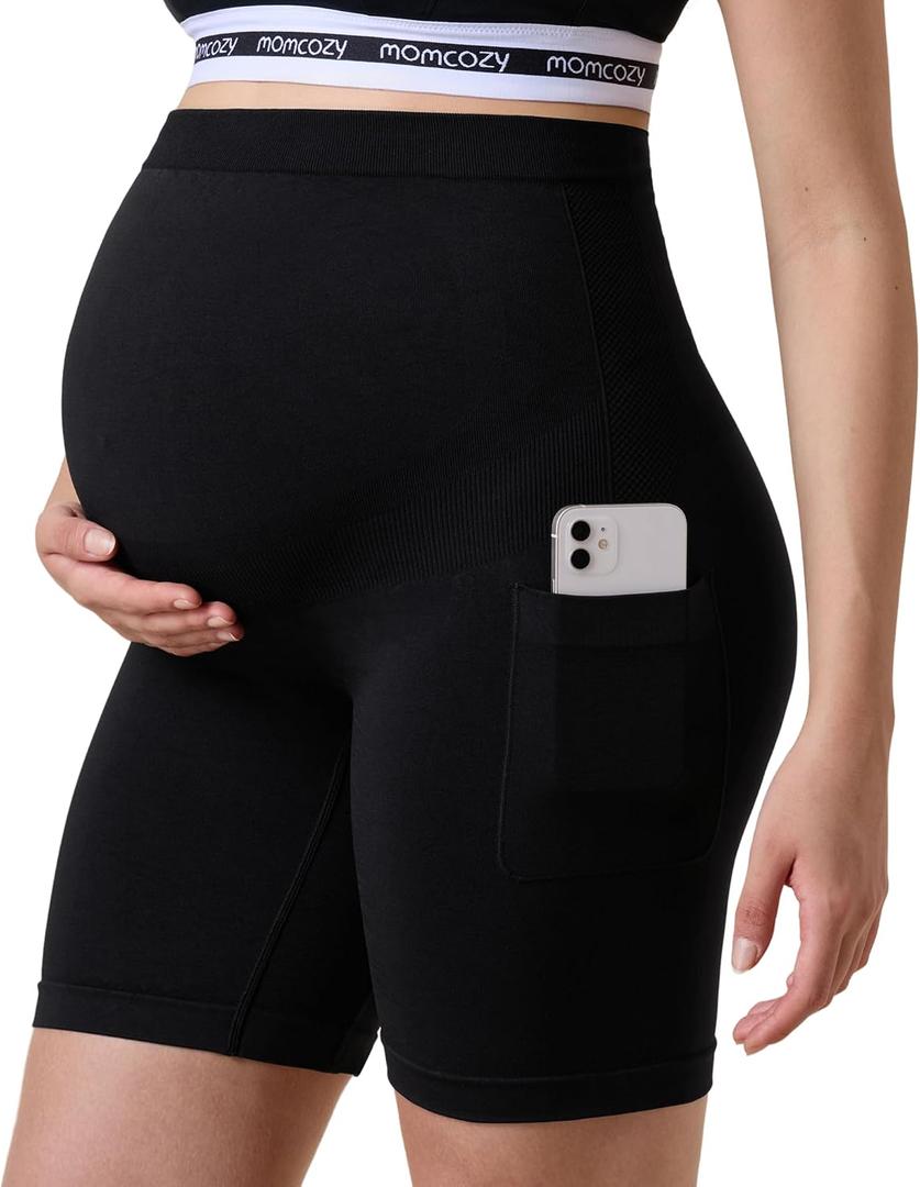 Momcozy Women Seamless Knit Maternity Biker Shorts with Pocket 6" Over Belly High Waisted Thick Pregnancy Yoga Shorts (Black, XL)