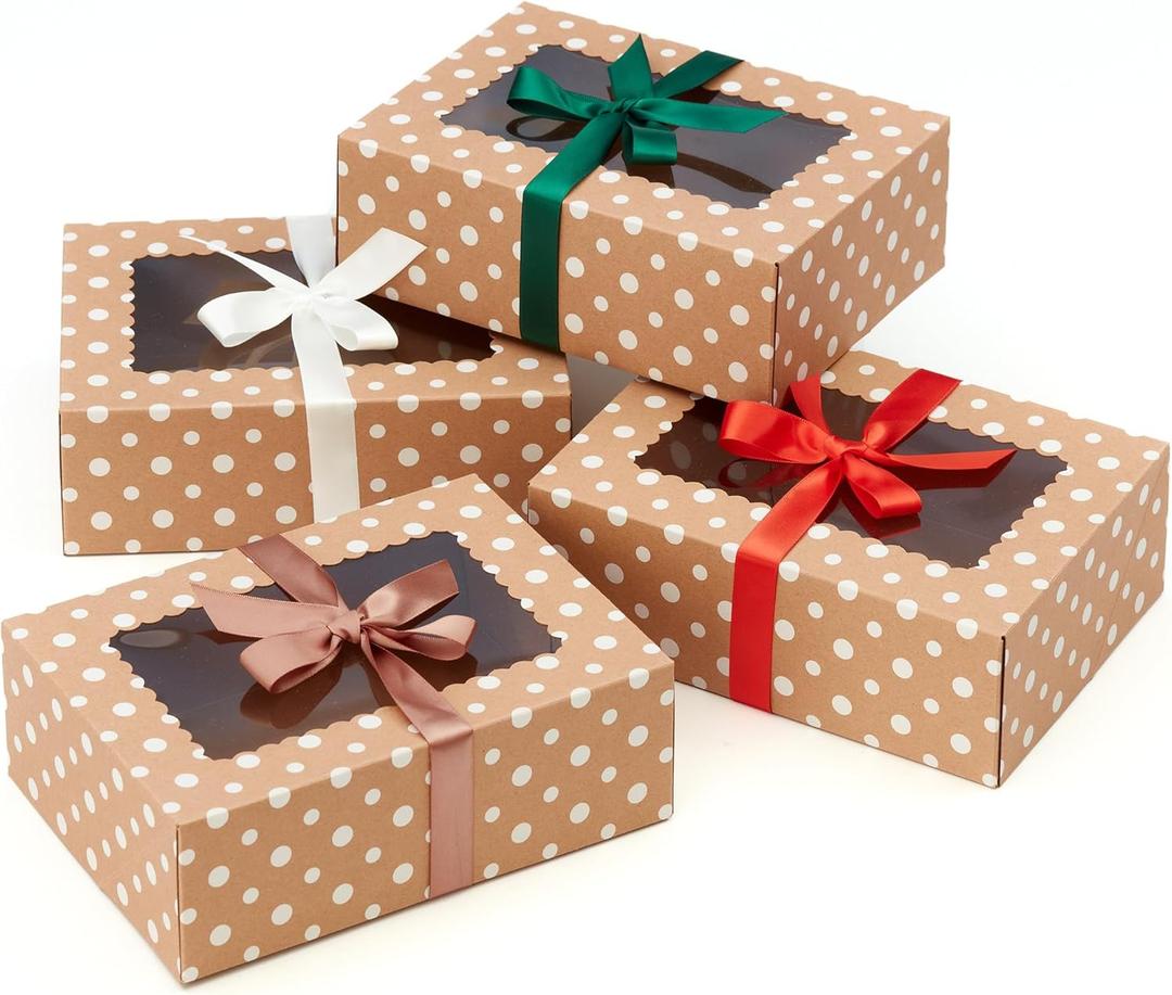 Brown Kraft Cookie Boxes with Ribbons & Window (20 Pack) 8.3 x 6 x 2.8 Food Grade Cardboard Bakery Gift Boxes for Christmas Gift Giving, Baked Goods, Candy Treats, Decorative Holiday Packaging, Empty
