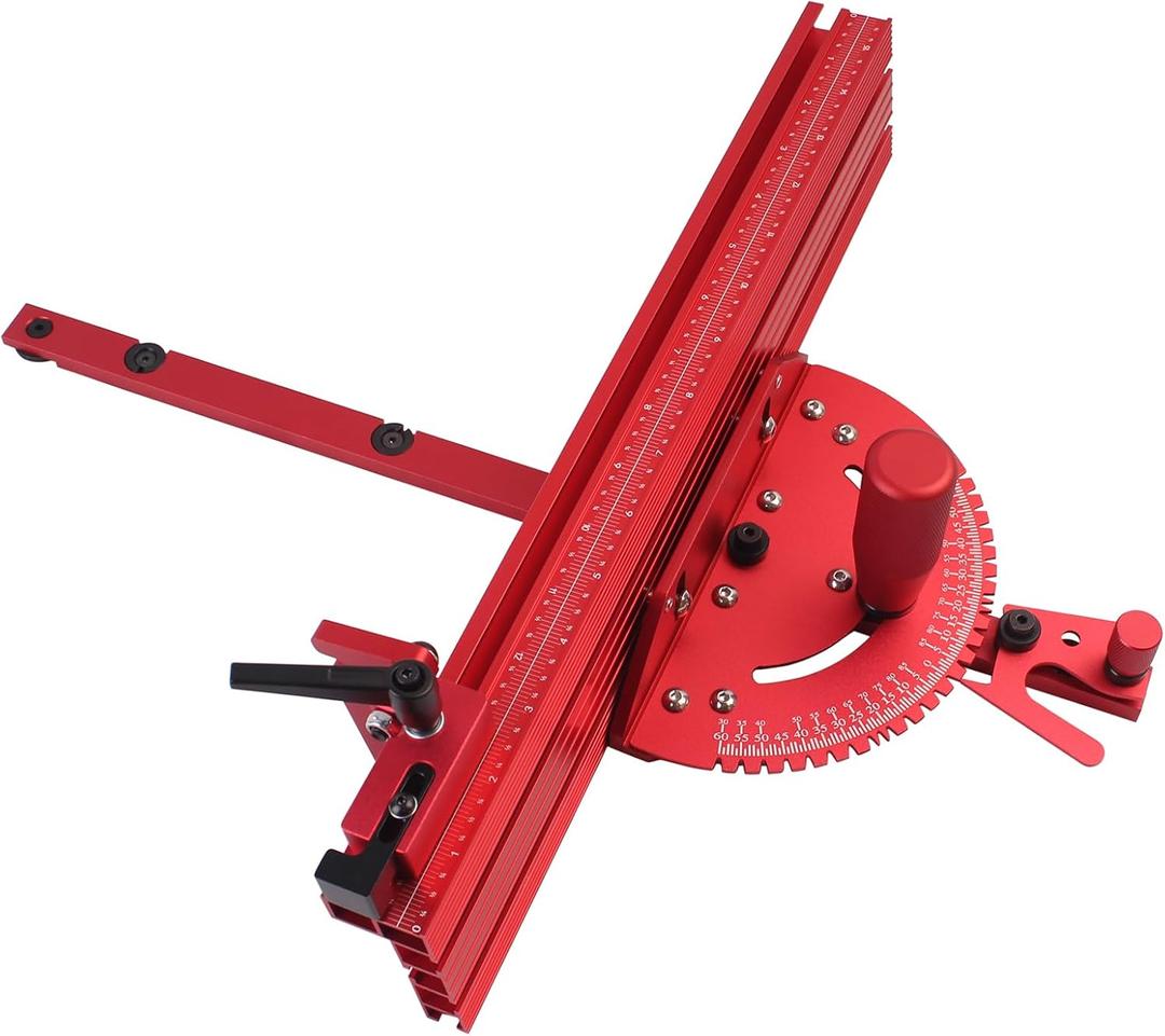 Aluminum Table Saw Precision Miter Gauge Works w/Table Saws, Band Saw and Router Table, Includes Multi TTrack Fence w/Scale, T-track Flip Stop(Red)