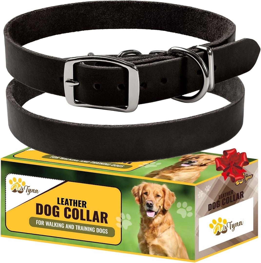 ADITYNA Extra-Small Leather Dog Collar for XS Dogs - Classic, Soft, Strong, Heavy Duty, Handmade Top-Grain Leather - for Walking, Training, and Hiking (XS - Neck: 10-13 inches, Black)
