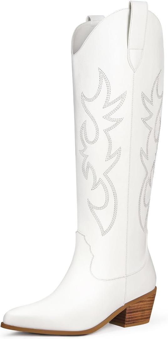 Ouepiano Cowboy Boots for Women Knee High Cowgirl Boots Embroidered Chunky Heels Pointed Toe Long Tall Western Boot Pull On (9, White)