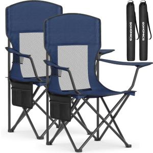 SONGMICS Breathable Camping Chairs, Foldable Outdoor Chairs Set of 2, High Back, Adjustable Armrests, Drink Holder, Weight Capacity 330 lb, for Sports Garden Backyard, Harbor Blue UGCB028Q01, Medium