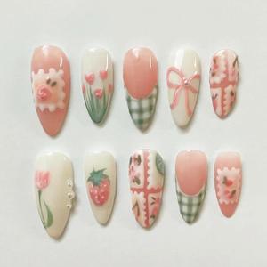 Cute Spring Press on Nails Almond Shape Medium Fake Nails with Small Flower Strawberry Bow Designs Green French Tip Glue on Nails Glossy Pink Acrylic Nails for Women Summer Manicure 30Pcs