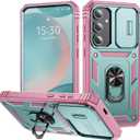 for Samsung Galaxy S24 FE Case with All-Angle Rotating Kickstand & Sliding Camera Cover - Heavy Duty Shockproof Protective Cover, Green Pink