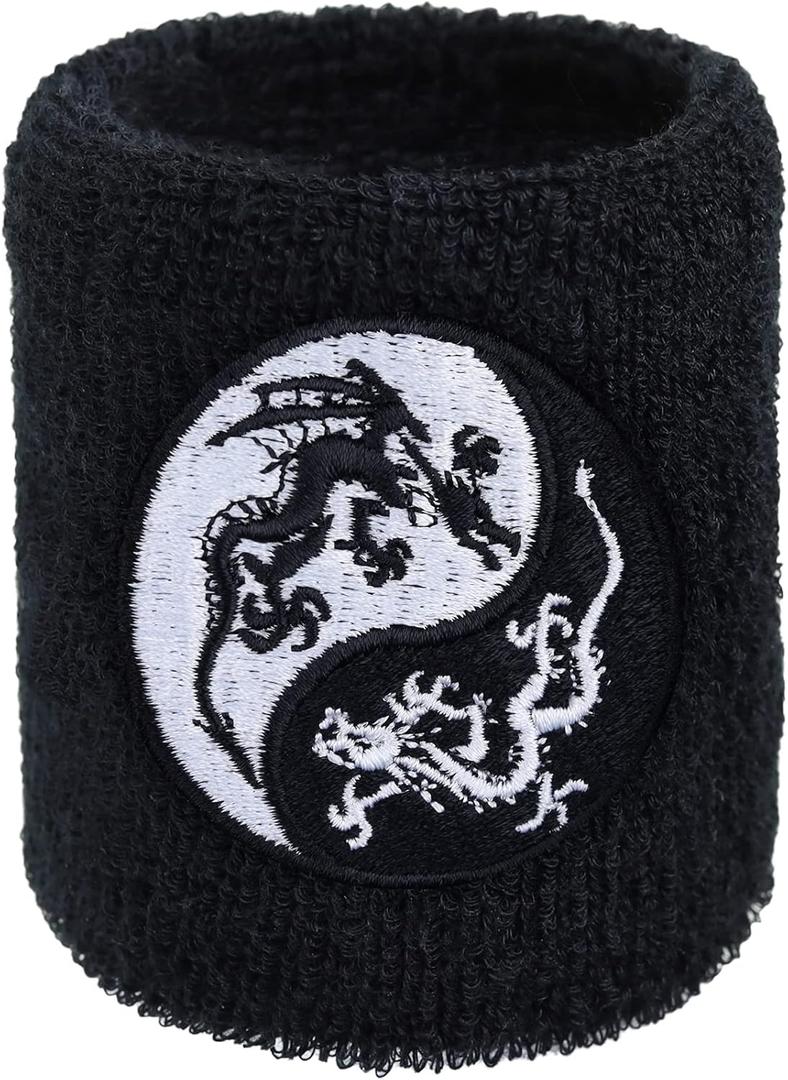 Outdoor Sweat Band for Wrist- Embroidered Yoga Sweat Absorbent Wrist Band - Terrycloth Black Arm Band for Sport (Yin Yang dragon)