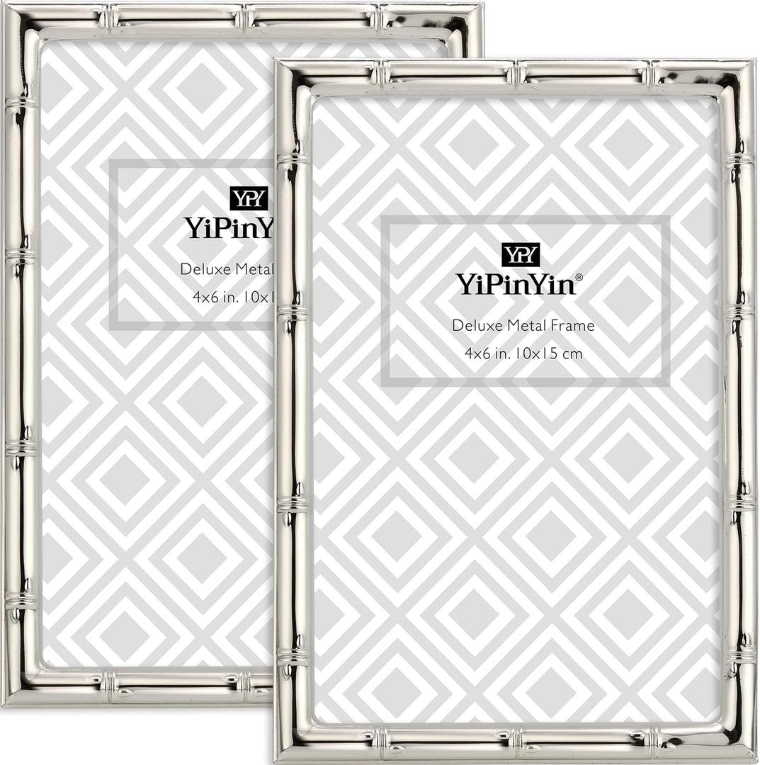 YiPinYin 4x6'' Bamboo Detail Designs Silver Metal Picture Frame 2 Pack, Elegant Silver Plated Baby Nurse Photo Frames 4x6'' With Soft Touch Velvet Backing for Desktop and Wall Dcor