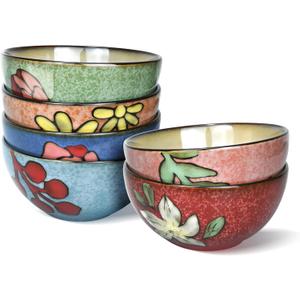 Ceramic Cereal Bowls Set of 6, Floral Design 6 inch  28oz for Cereal, Salad, Soup, Dessert, or Snacks, Microwave, Dishwasher Safe