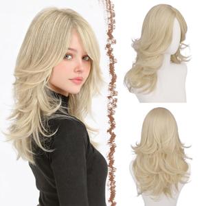 FESHFEN Light Blonde Wavy Layered Wig with Curtain Bangs for Women, 20 Inch Long Synthetic Natural Looking Middle Part Hair Wig For Costume Party Daily Use