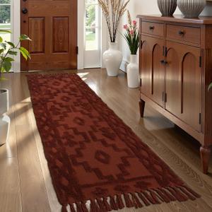 Uphome Boho Runners for Hallways 2.6' x 8', Washable Farmhouse Entryway Runner Rug, Cotton Tufted Bedroom Runner Rugs, Bohemian Tribal Aesthetic Rug for Kitchen Doorway Bathroom, Terracotta