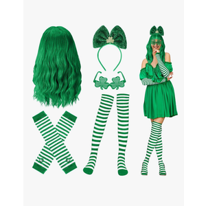 Geyoga 6 Pcs St. Patricks Day Costume Accessories Set Green Wigs for Women Clovers Glasses Shamrock Headbands Leprechaun Irish Thigh High Socks Sleeves