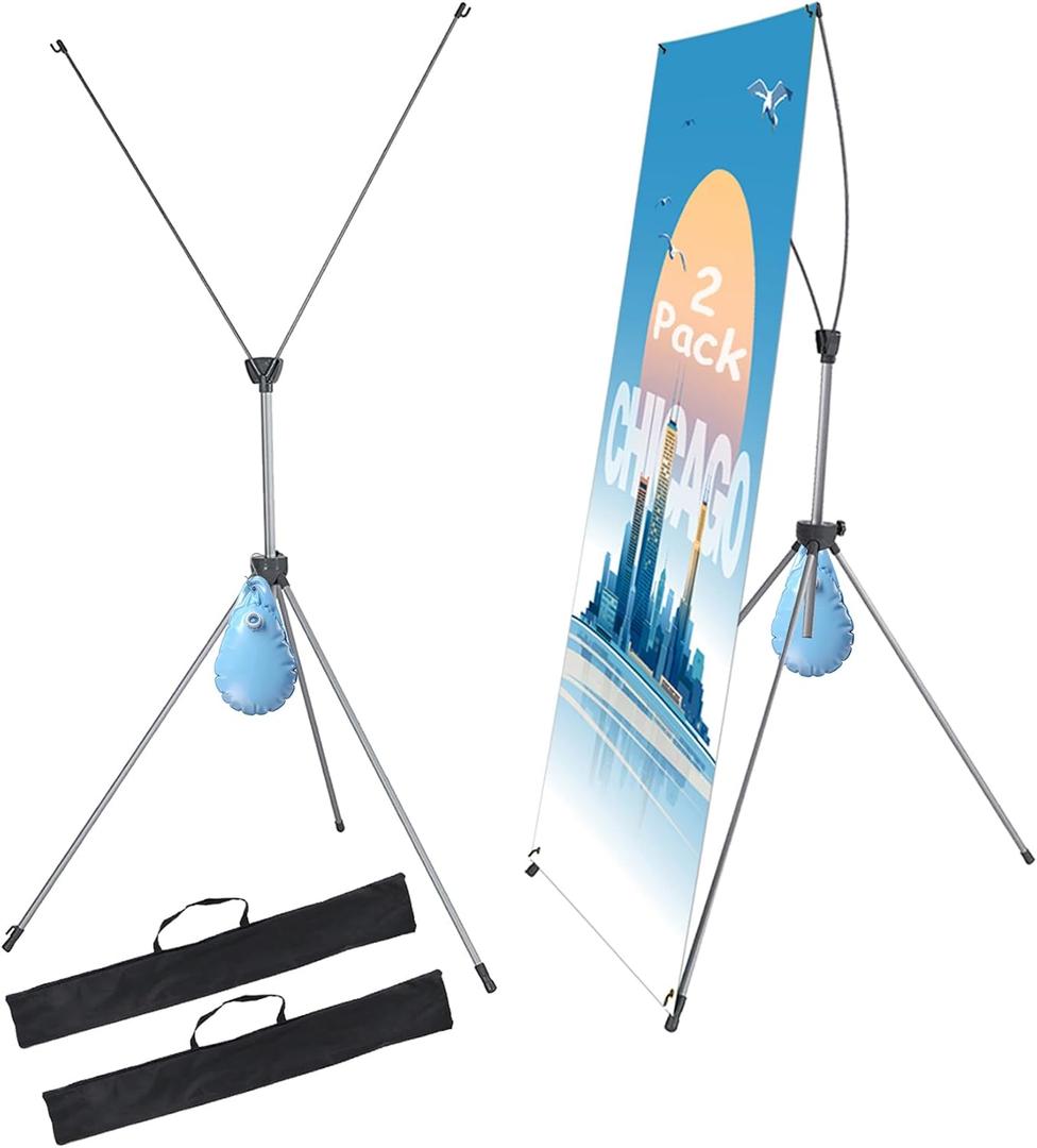 2 Pack X Frame Banner Stand Fits Any Banner Adjustable Size 23"X63" to 32"X78", Portable Travel Bag & Load-bearing Bag for Advertising, Stores, Tradeshow, Restaurant, Event, Birthday & Party (Outdoor)