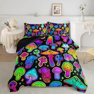 Mushroom Comforter Set Kids Bedding Set,3Pcs Colorful Soft Black Gradient Mushroom Quilt Set Bed in A Bag with 1 Comforter 2 Pillowcases for Kids Boys Girls Teens Adults Room Decor All Season