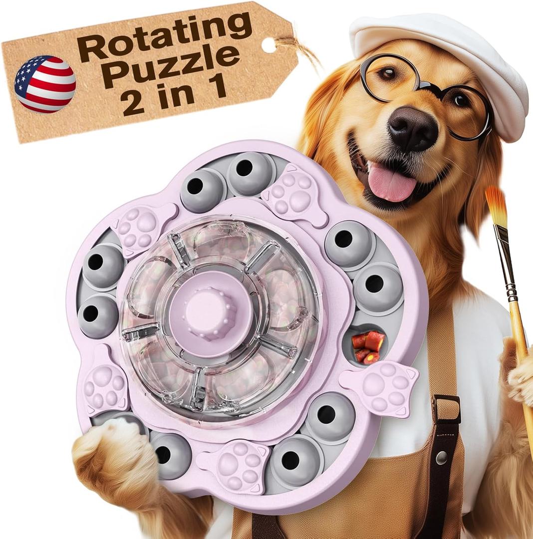 KADTC Dog Spinning Puzzle Toy Level 3 in 1 Treat Dispenser Kibble Dispensing Toys for Small/Medium/Large Dogs Slow Food Puzzles Feeder Puppy Brain Mental Stimulation Enrichment Mind Stimulating Game (Pink)