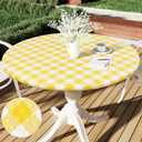 Smiry Round Picnic Tablecloth, Elastic Waterproof Fitted Vinyl Tablecloths for 57"-68" Tables, Flannel Backed Buffalo Plaid Table Cover for Dining, Camping, Outdoor, White and Yellow