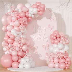 Coquette Birthday Decorations 145 Pcs Pink and White Balloon Garland Arch Kit Include Light Pink White Bow Balloons Different Size for Baby Shower Gender Reavel Wedding Party Decorations