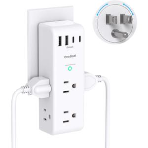 Surge Protector Outlet Extender - with Rotating Plug, 6 AC Multi Plug Outlet with 4 USB Ports (2 USB C), 1800J Wall Charger, 3-Sided Power Strip with Spaced Outlet Splitter for Home, Office, Travel (White)