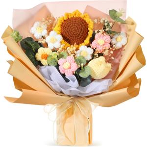 Hotop Crochet Flower Bouquet Completed Artificial Knitted Flower Bouquet for Birthday, Wedding, Mother's Day Gift, and Home Decorations(Sunflower,Orange)