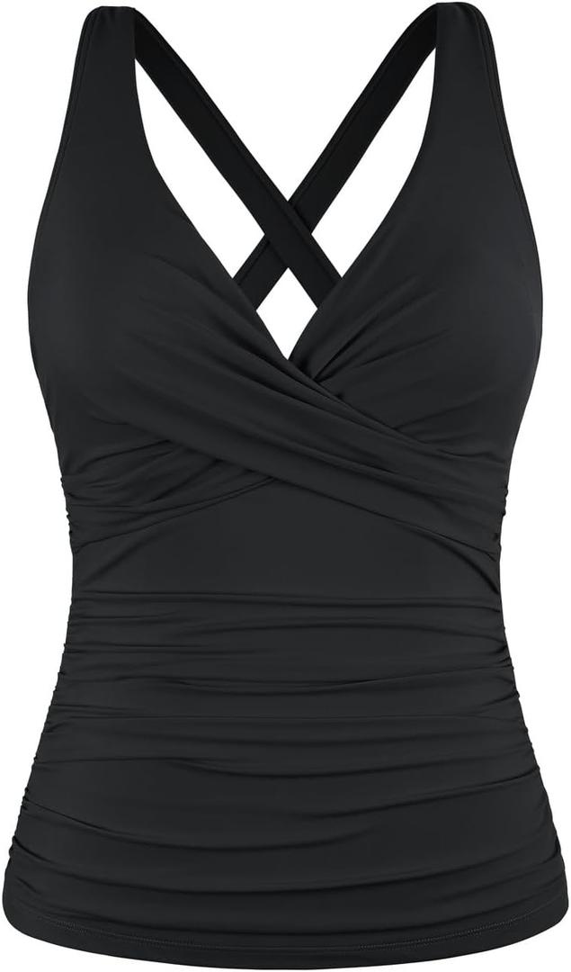 Hilor Women's Underwire Tankini Top Tummy Control Bathing Suits Sexy V Neck Crossover Swim Top Only (18, Black)