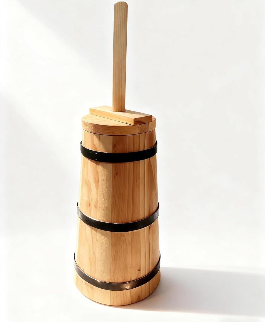 Butter Churner Old Fashioned Wooden-Style, 30 cm Tabletop Manual Dash Churn, 3 L / 3.2 Qt Capacity, Removable ~40 cm Plunger, Farmhouse Butter Maker for Home Kitchen, Hand-Operated Easy-Clean