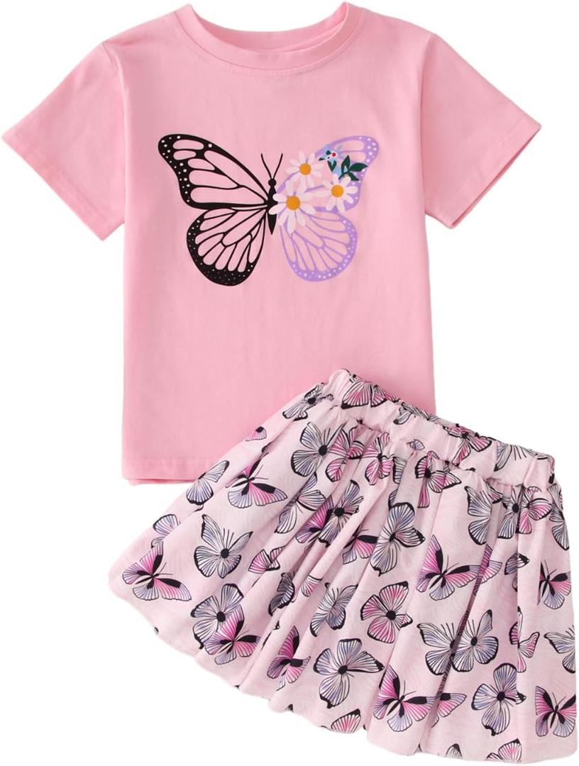 GLIGLITTR Girls Skirt Set Toddler Girl Cute Short Sleeve Butterfly T-Shirt Tops and Skirt 2 Piece Summer Outfit Clothes 6-7Y (Pink)