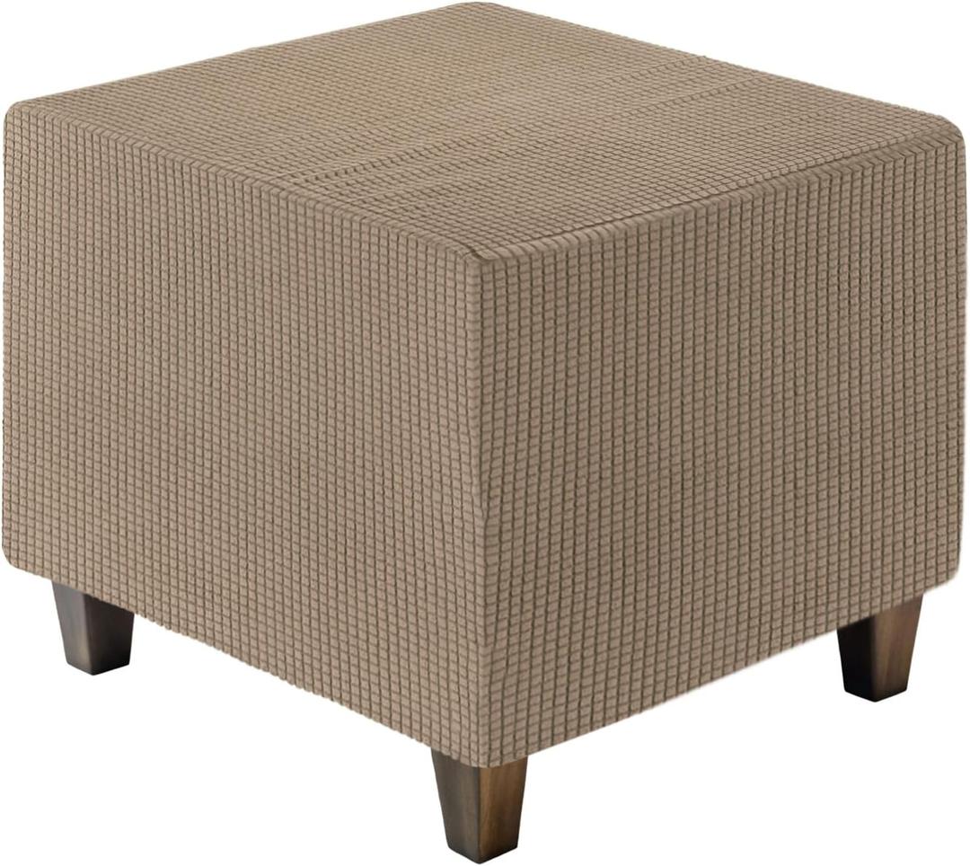 uxcell Ottoman Cover Square, Jacquard Ottoman Slipcover with Elastic Bottom, Stretchable Footrest Stool Covers for Living Room Furniture Protector (Ligth Coffee, Large Size)