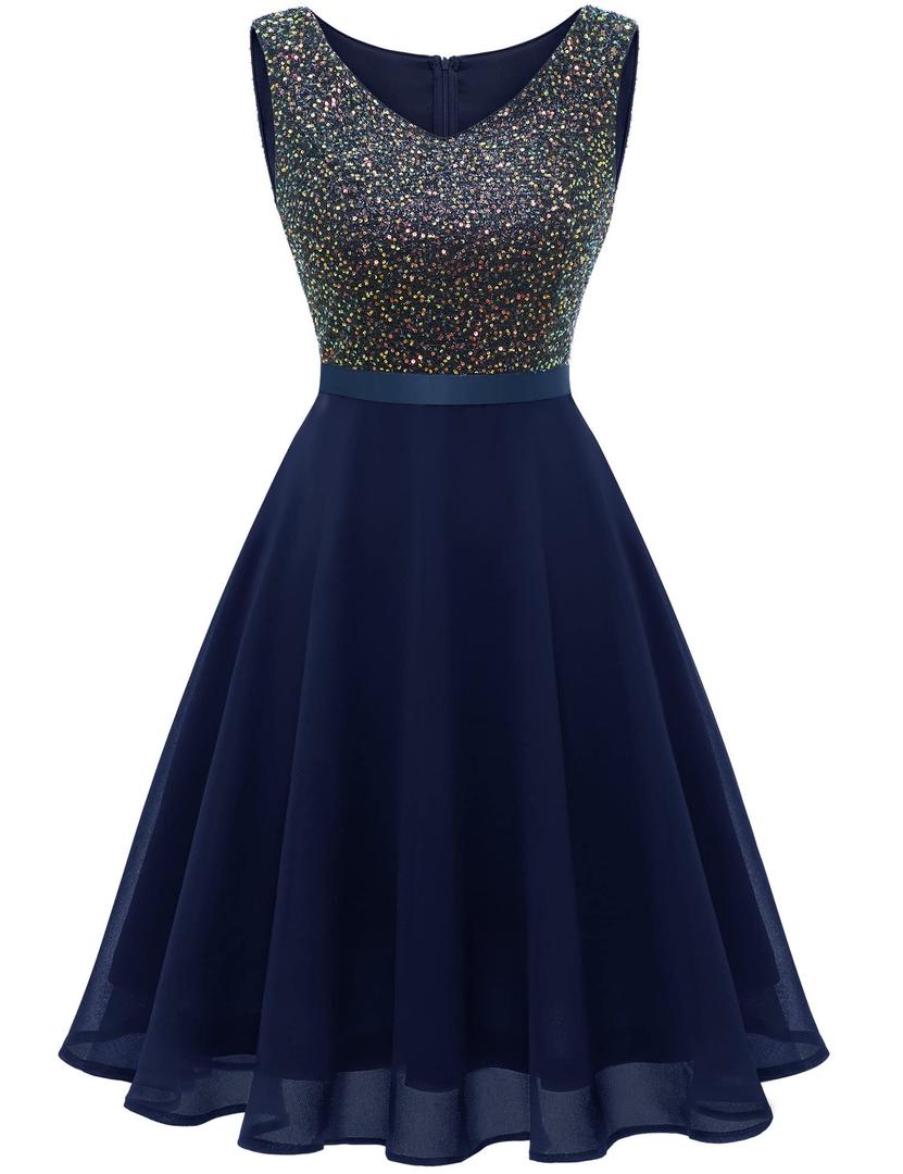 Dressystar 2026 Women's V Neck Short Sequin Prom Dress Glitter A-line Swing Cocktail Party Dresses Knee Length Navy S (S)