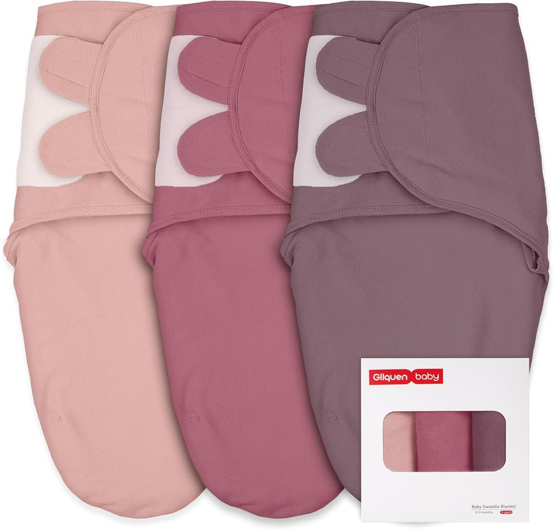 GLLQUEN BABY Girl Swaddles 0-3 Months - 3 Pack Baby Swaddles Sack for Newborn, Infant Sleep Sack, Easy Swaddling Wrap, Soft Color Gradient, Nursery Swaddle Blankets Essentials (Pink & Berry Tone)