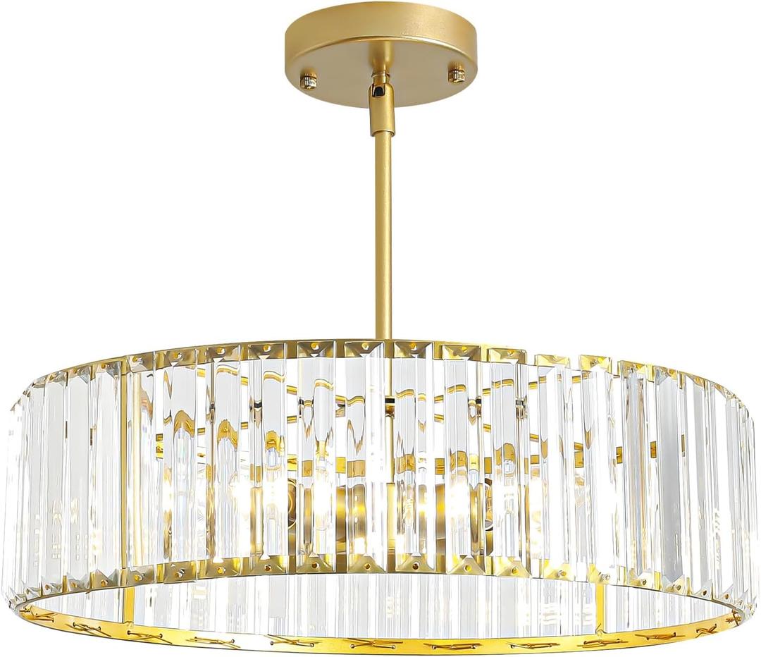 Modern Crystal Chandelier for Dining Room,16 Inch Gold Semi Flush Mount Ceiling Light Fixture,Round Kitchen Hanging Drum Pendant Lights Ceiling for Bedroom Foyer Hallway， 4-Light