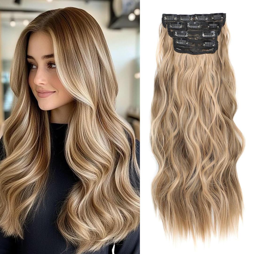 Clip in Hair Extensions 4PCS 200g/5oz Long Wavy Curly Balayage Hair Extensions Clip Ins for Women Thick Double Weft 22 Inch Hairpieces (Ash Blonde Mix Bleach Blonde)