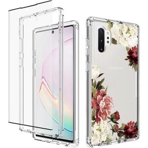 Phone Case for Galaxy Note 10 Plus/Note 10+ 5G N975U Case with Tempered-Glass Screen Protector, Clear Floral Pattern Full Body Protective Cover Cases for Samsung Galaxy Note 10 Plus (Flower)