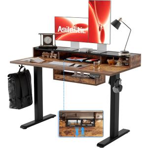 Agilestic Glass Standing Desk with Storage, 48 Inch Electric Adjustable Desk with Glass Shelf and Cable Management, Sit Stand Up Home Office Computer Table, Splice Board, Rustic Brown (48 x 24 Inches with 2 drawers)