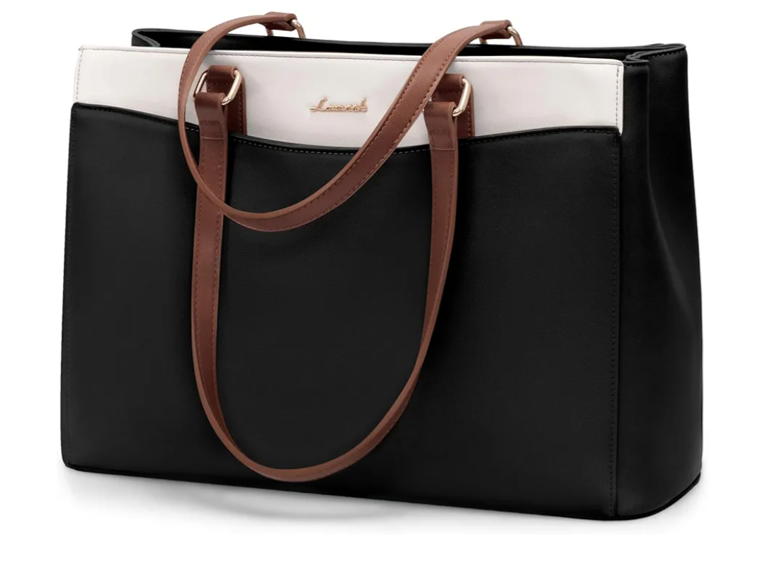 LOVEVOOK Laptop Tote Bag for Women, Work Bags Teacher Tote Bag, Waterproof Leather Computer Bag, Business Laptop Purse Office Handbag Professional Briefcase, Black-Beige-Brown, 15.6 Inch