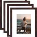 KINLINK 8x10 Picture Frame Brown Set of 4, Wooden Photo Frames Matted 5x7 with Plexiglass for 5x7 with Mat or 8x10 without Mat for Table and Wall Display