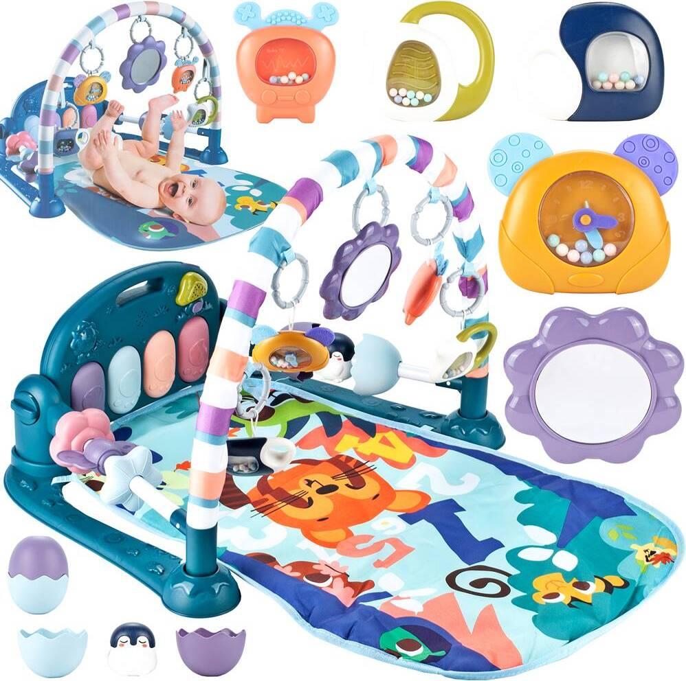 Baby Play Mat Gym, Funny Play Piano Tummy Time Activity Mat with 5 Infant Sensory Toys, Music and Lights, Boy & Girl Gifts for Newborns 0 to 3 6 9 12 Months (Blue)