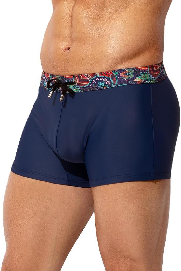 Arjen Kroos Mens Swim Briefs Square Leg Board Short Quick-Dry Swimwear with External Drawstring Stretch Beach Trunks (Medium, Navy Blue)