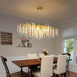 Tree Branch Chandelier L47 Luxury Rectangular Crystal Raindrop Pendant Light 13 Lights Kitchen Island Hanging Light Fixture for Living Room Dining Room Foyer Entryway Gold, Rectangular L47.3" Gold