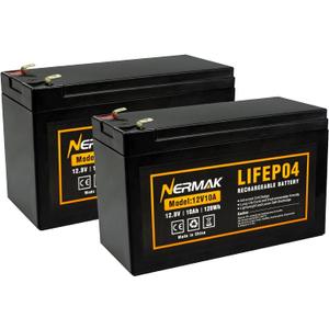 Nermak 2 Pack 12V 10Ah Lithium Ion LiFePO4 Deep Cycle Battery, 2000+ Cycles Rechargeable Battery for Solar/Wind Power, Scooters, Lighting, Power Wheels, Fish Finder Built-in 10A BMS