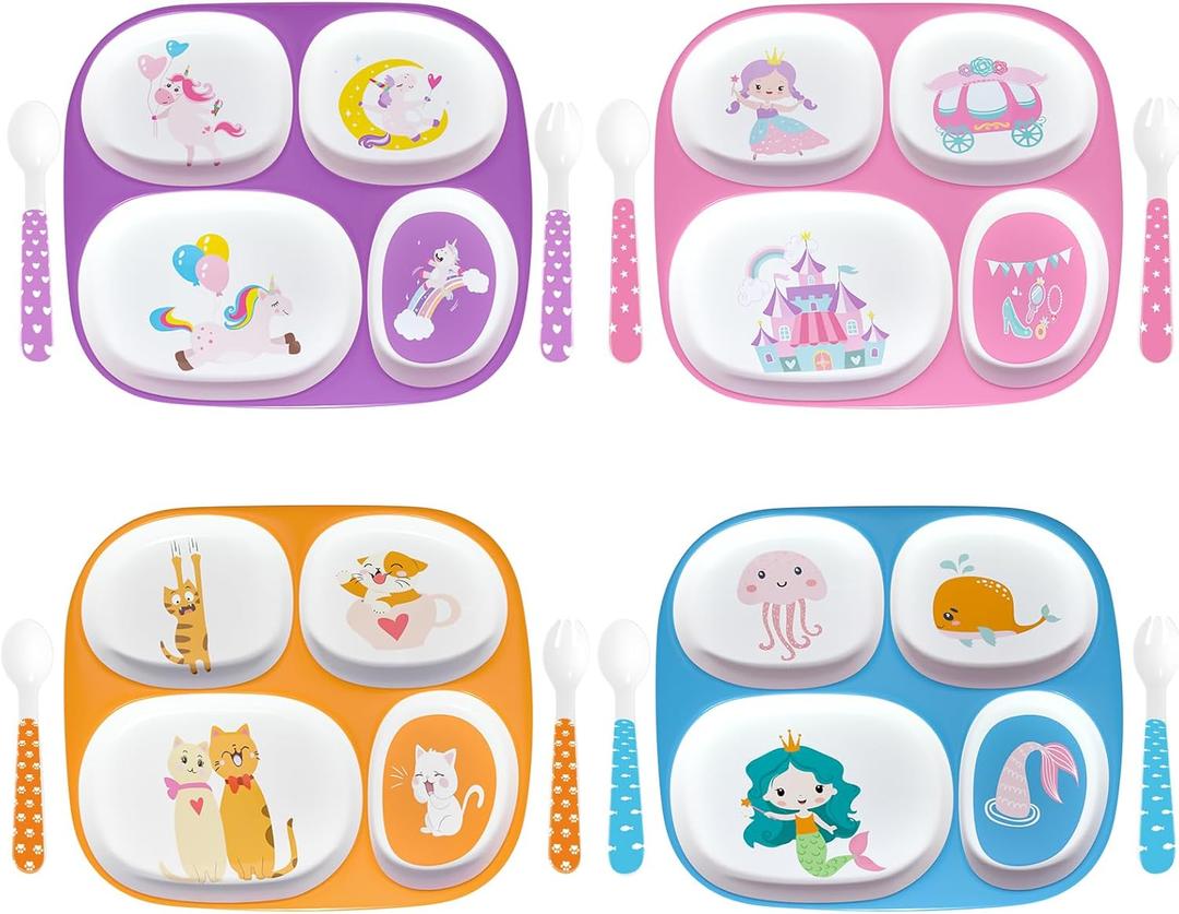 Boromine Set of 4 Divided Melamine Dinner Plates for Girls, Shatterproof Kids Dinnerware with Fun Themes (Mermaid, Unicorn, Princess, Cat), Perfect for Picky Eaters, Toddler Essentials